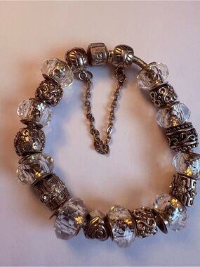 Crystal Bead and Silver-Tone Charm Bracelet - Clear